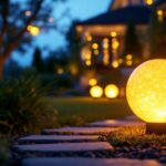 A photograph of a beautifully lit outdoor setting featuring solar-powered yard globes illuminating a landscaped garden