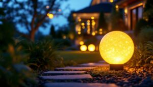 A photograph of a beautifully lit outdoor setting featuring solar-powered yard globes illuminating a landscaped garden