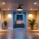 A photograph of a well-lit unfinished basement showcasing various lighting options