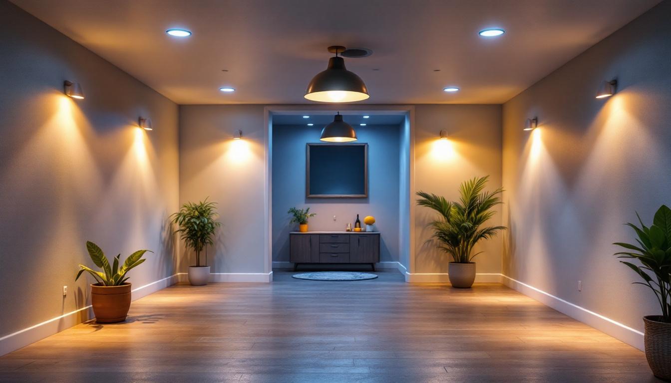 A photograph of a well-lit unfinished basement showcasing various lighting options