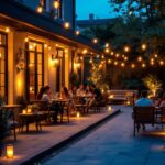 A photograph of a beautifully illuminated outdoor patio at dusk