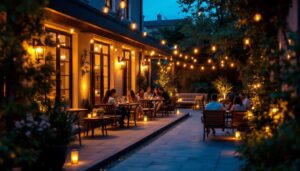 A photograph of a beautifully illuminated outdoor patio at dusk