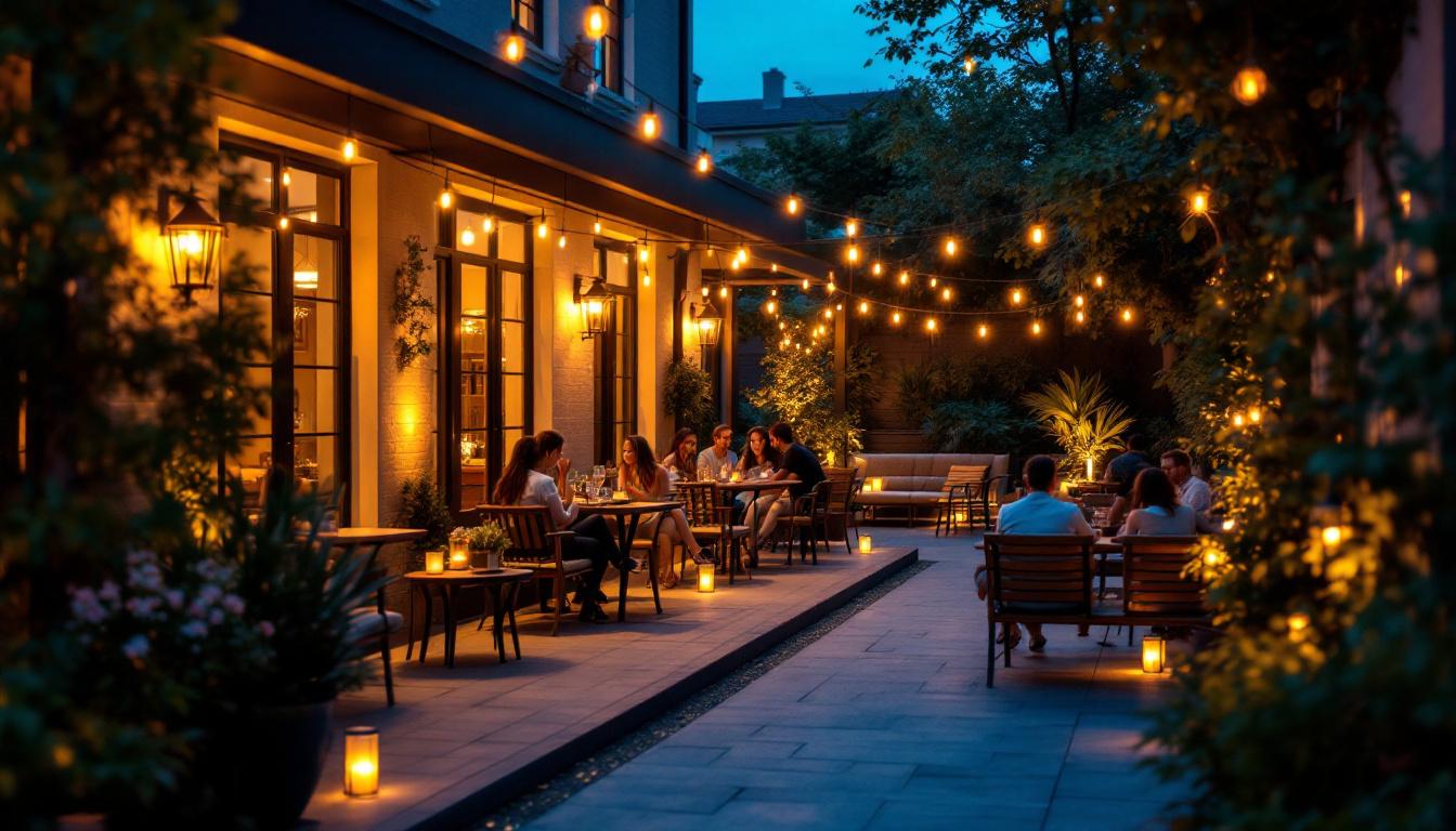 A photograph of a beautifully illuminated outdoor patio at dusk
