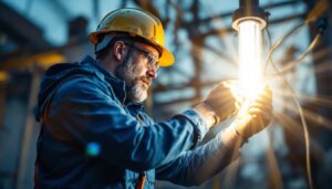 A photograph of a skilled lighting contractor expertly installing or adjusting an electric arc light in a dynamic outdoor setting