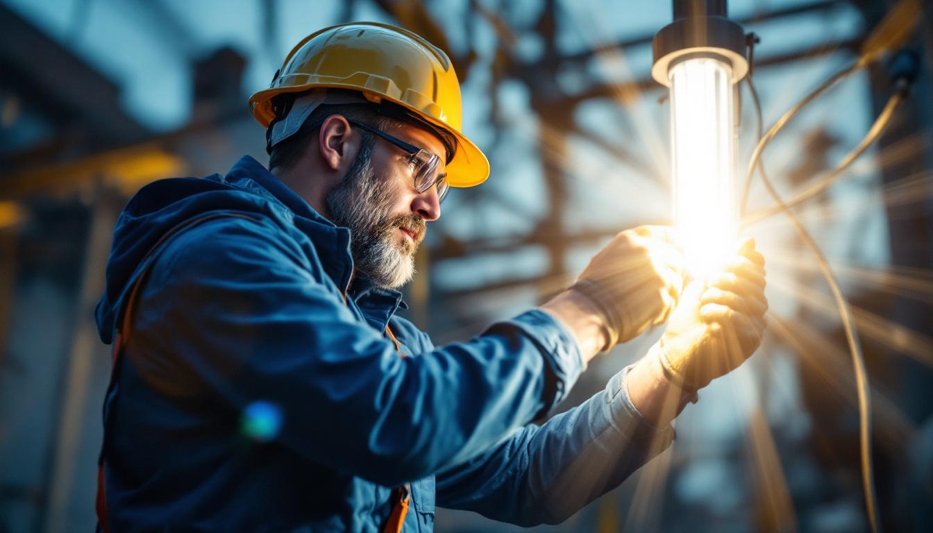 A photograph of a skilled lighting contractor expertly installing or adjusting an electric arc light in a dynamic outdoor setting