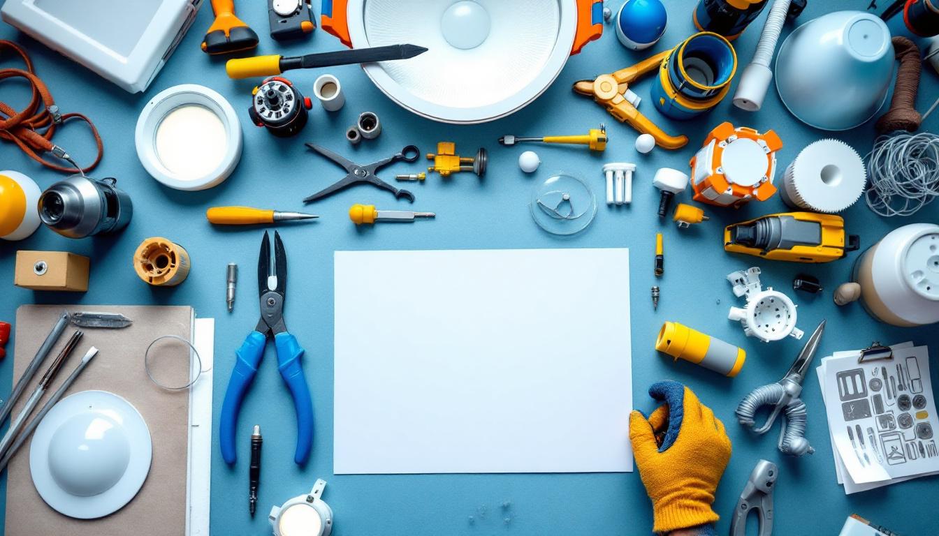 A photograph of a well-organized workspace featuring various ceiling light components