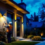 A photograph of a lighting contractor installing led motion sensor flood lights in a residential or commercial setting