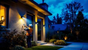 A photograph of a lighting contractor installing led motion sensor flood lights in a residential or commercial setting