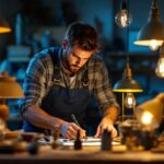 A photograph of a skilled lighting contractor working with a variety of stylish
