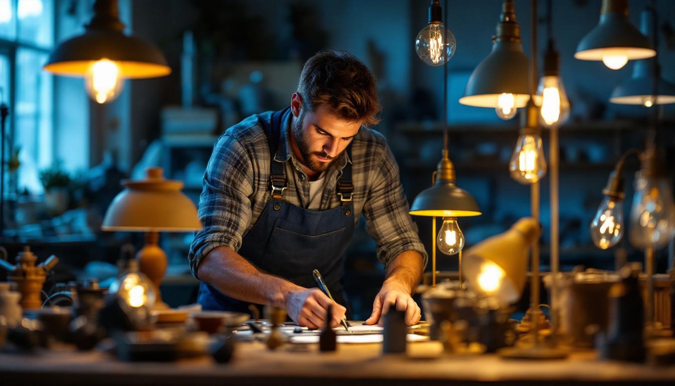 A photograph of a skilled lighting contractor working with a variety of stylish