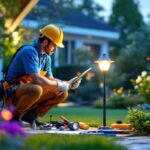 A photograph of capture a photograph of a lighting contractor installing solar-powered outdoor lights in a beautifully landscaped garden