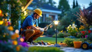 A photograph of capture a photograph of a lighting contractor installing solar-powered outdoor lights in a beautifully landscaped garden