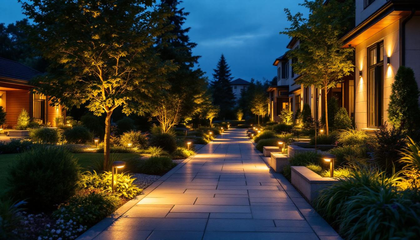 A photograph of a well-lit outdoor space showcasing various types of spotlight bulbs in use