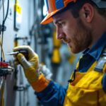 A photograph of a lighting contractor working on an electrical connector installation