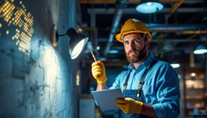 A photograph of a skilled lighting contractor at work