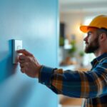 A photograph of a lighting contractor installing a light switch plug combo in a modern home setting