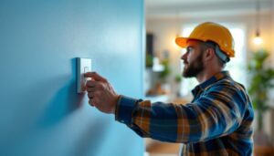 A photograph of a lighting contractor installing a light switch plug combo in a modern home setting