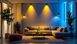 A photograph of a well-lit space featuring various types of affordable strip lights installed in creative ways