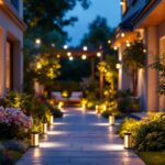 A photograph of a beautifully lit outdoor space showcasing various white outdoor lighting fixtures in use