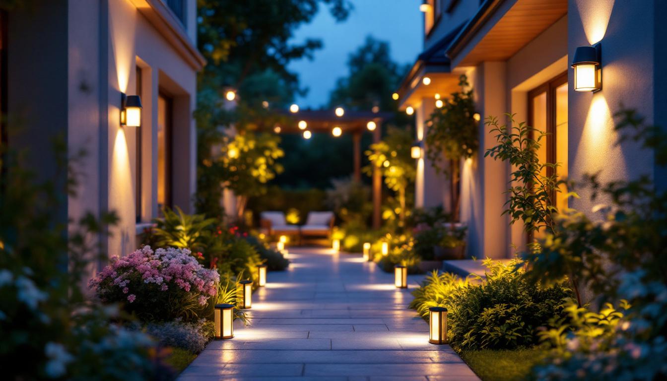 A photograph of a beautifully lit outdoor space showcasing various white outdoor lighting fixtures in use