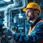 A photograph of a lighting contractor expertly adjusting a sophisticated industrial lighting control system in a large warehouse setting