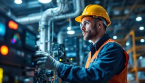 A photograph of a lighting contractor expertly adjusting a sophisticated industrial lighting control system in a large warehouse setting
