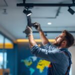 A photograph of a lighting contractor installing or adjusting led track lighting in a modern interior space