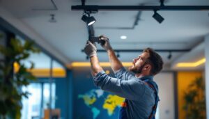A photograph of a lighting contractor installing or adjusting led track lighting in a modern interior space