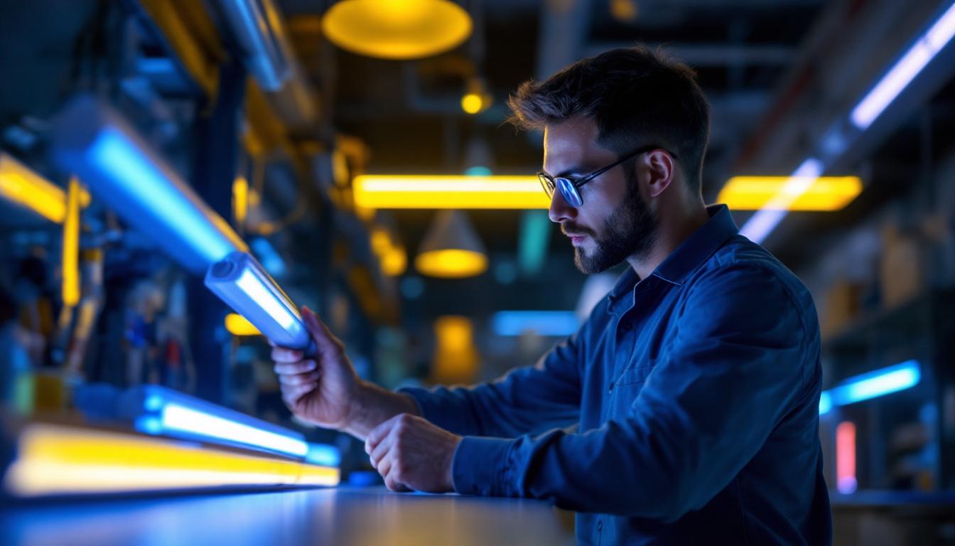A photograph of a well-lit workspace featuring a lighting contractor examining various fluorescent light fixtures