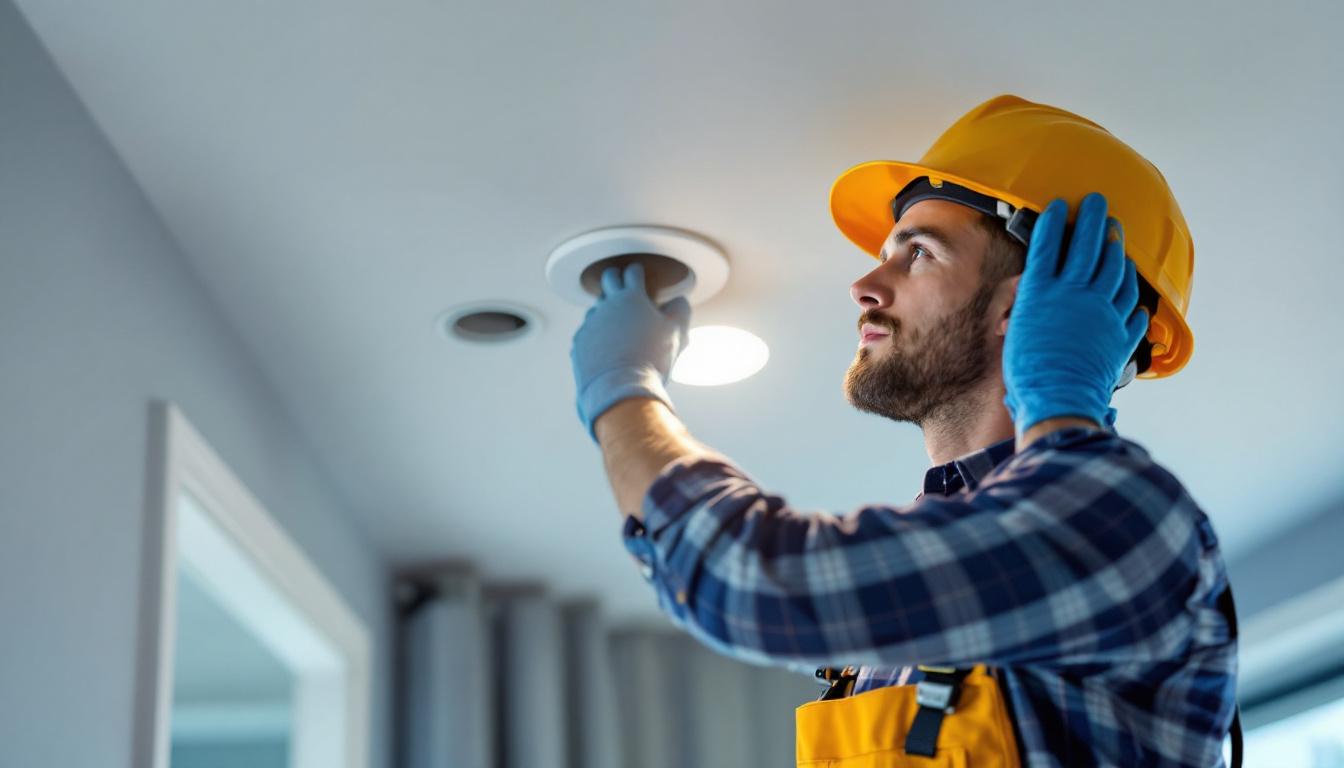 A photograph of a lighting contractor installing a recessed electrical outlet in a ceiling