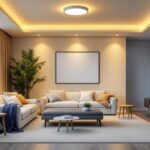 A photograph of a well-lit room featuring stylish ceiling flush led lights in various settings