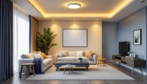 A photograph of a well-lit room featuring stylish ceiling flush led lights in various settings