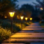 A photograph of a beautifully illuminated pathway featuring energizer solar pathway lights in a serene outdoor setting