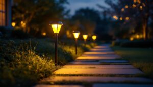 A photograph of a beautifully illuminated pathway featuring energizer solar pathway lights in a serene outdoor setting