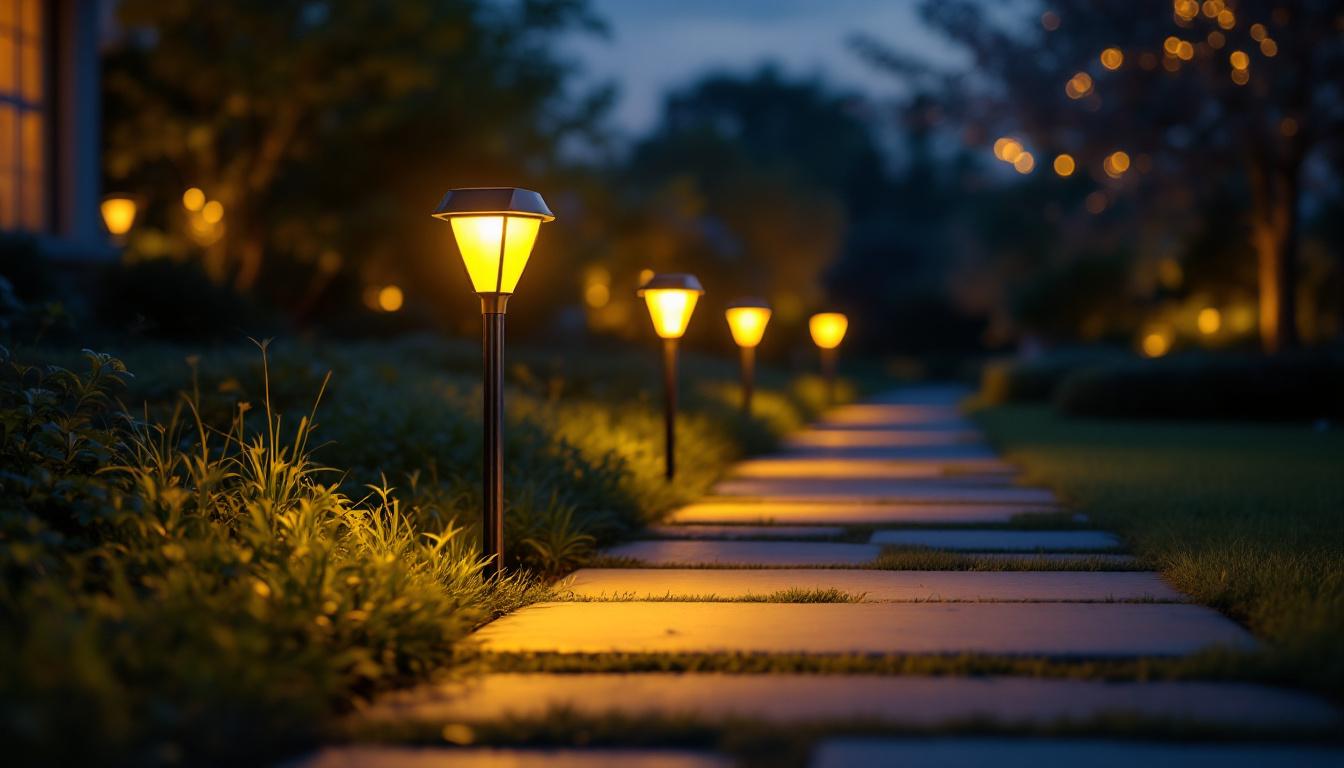 A photograph of a beautifully illuminated pathway featuring energizer solar pathway lights in a serene outdoor setting