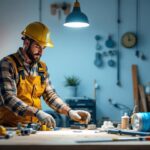 A photograph of a lighting contractor in the midst of a project