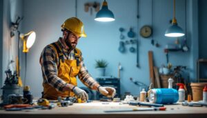 A photograph of a lighting contractor in the midst of a project