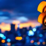 A photograph of a vibrant traffic light at dusk