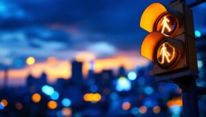 A photograph of a vibrant traffic light at dusk