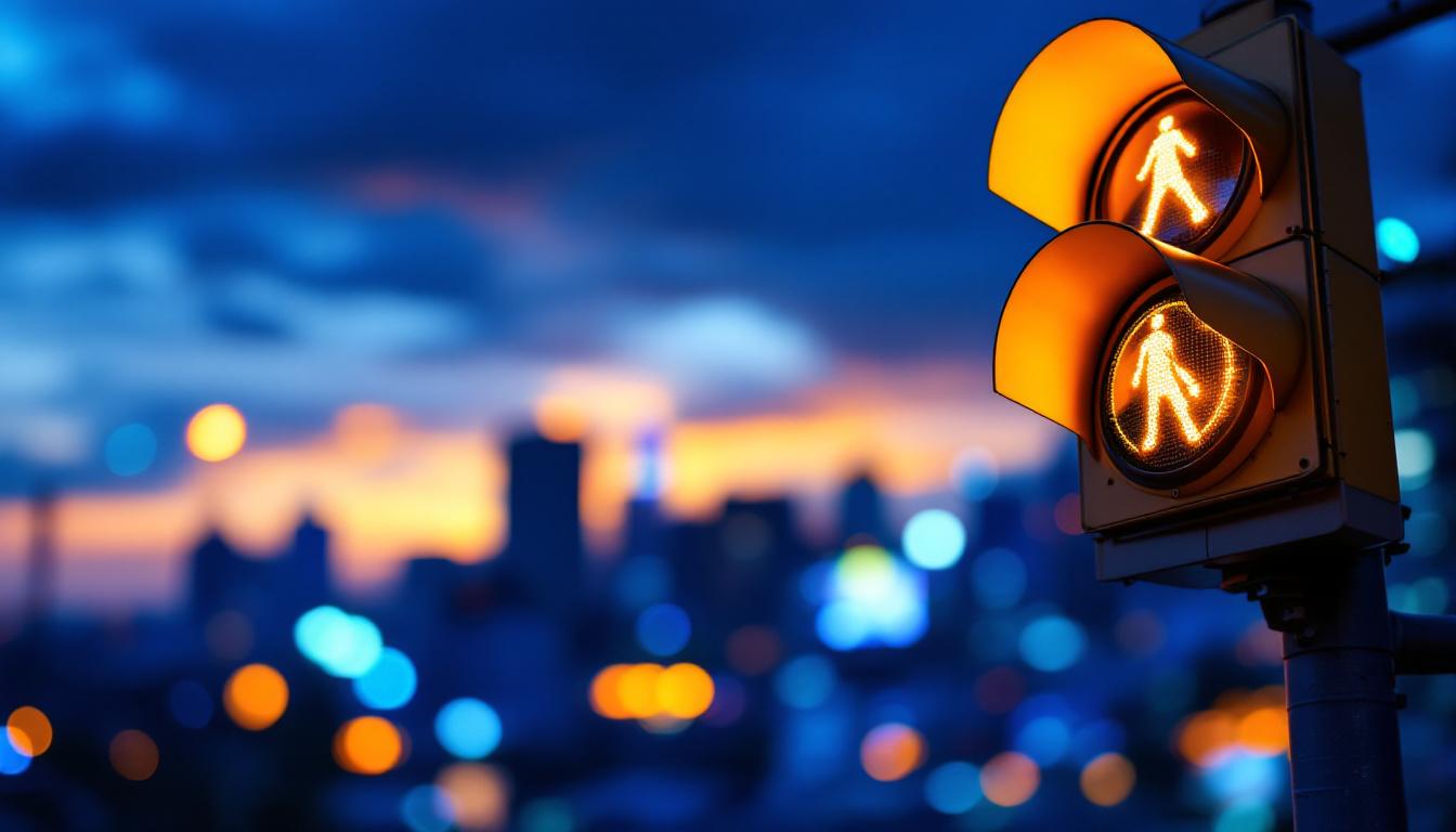 A photograph of a vibrant traffic light at dusk