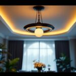 A photograph of a beautifully designed high ceiling light fixture in an elegantly styled room