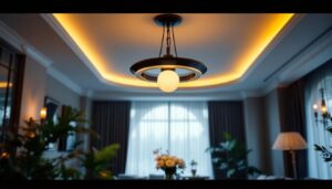 A photograph of a beautifully designed high ceiling light fixture in an elegantly styled room