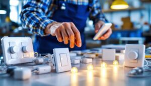 A photograph of a lighting contractor examining various led dimmer switches in a well-lit workspace
