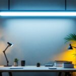 A photograph of capture a photograph of a well-lit workspace featuring long tube lights installed in various settings