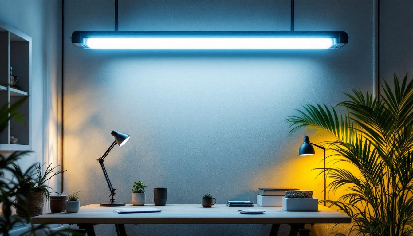 A photograph of capture a photograph of a well-lit workspace featuring long tube lights installed in various settings
