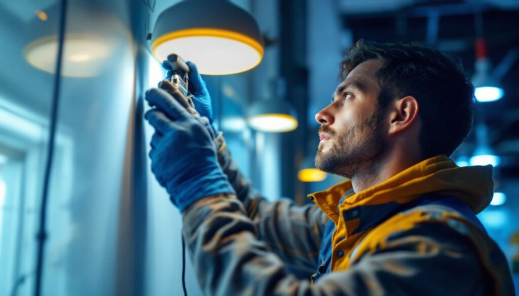 A photograph of a skilled lighting contractor at work