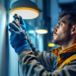 A photograph of a skilled lighting contractor at work