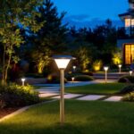 A photograph of a beautifully landscaped outdoor space at dusk