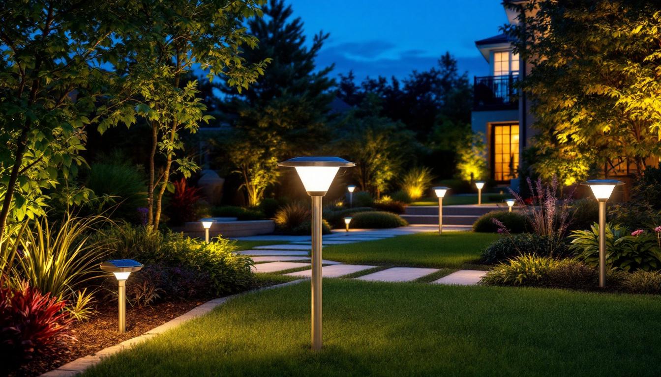 A photograph of a beautifully landscaped outdoor space at dusk