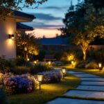 A photograph of a well-lit outdoor space showcasing various solar house lights in use during dusk